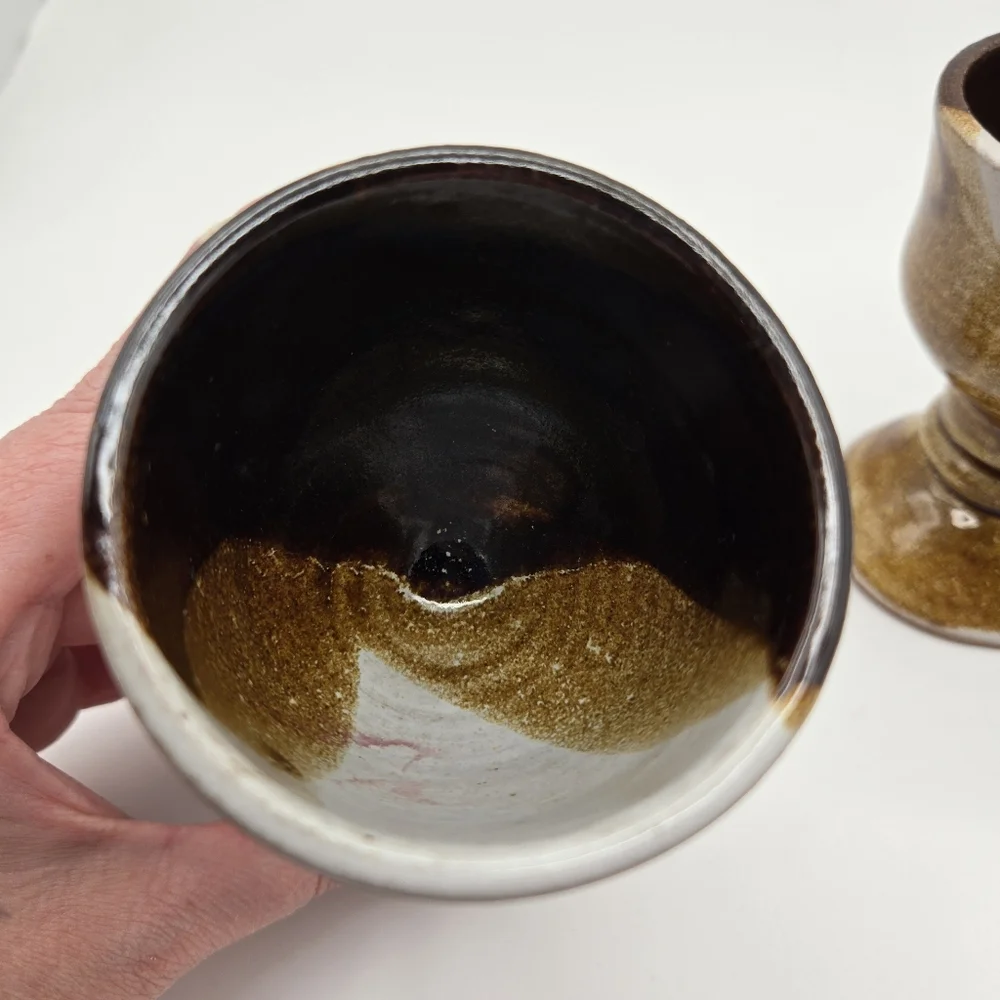 Vintage Handmade Pottery Set Of 2 Small Glazed Goblets Chalice Cups Signed JILL